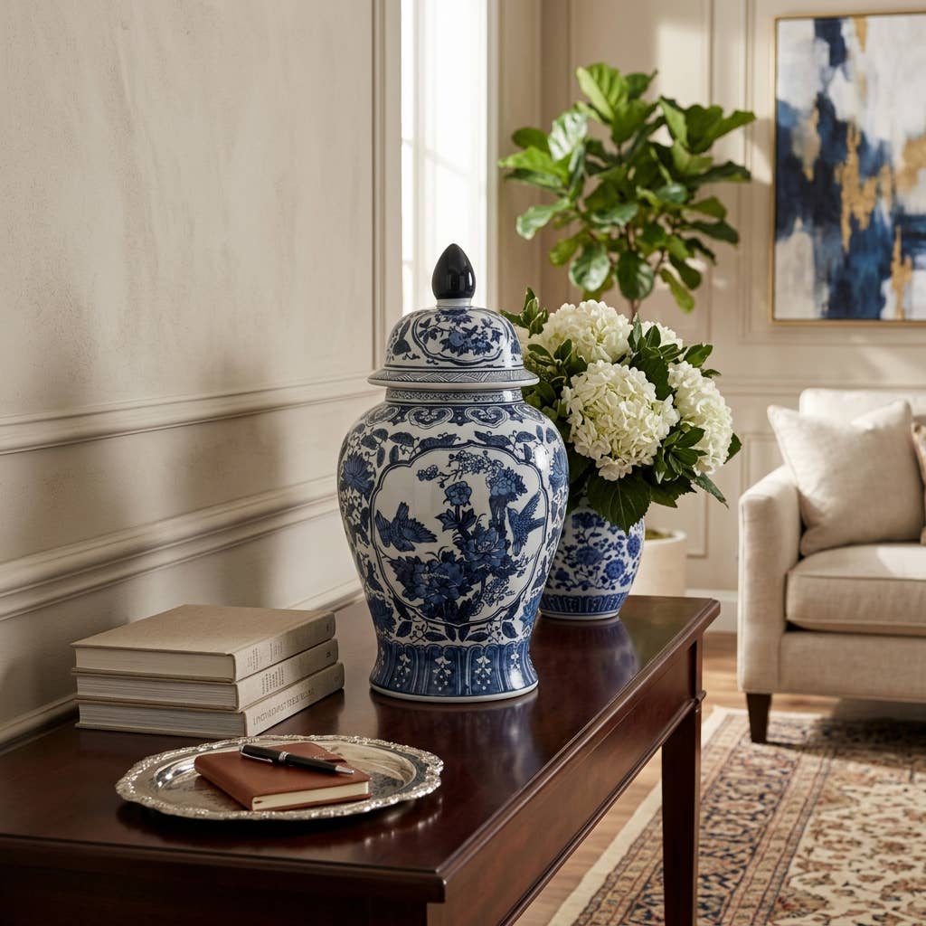 Tall Blue Flowers Temple Jar