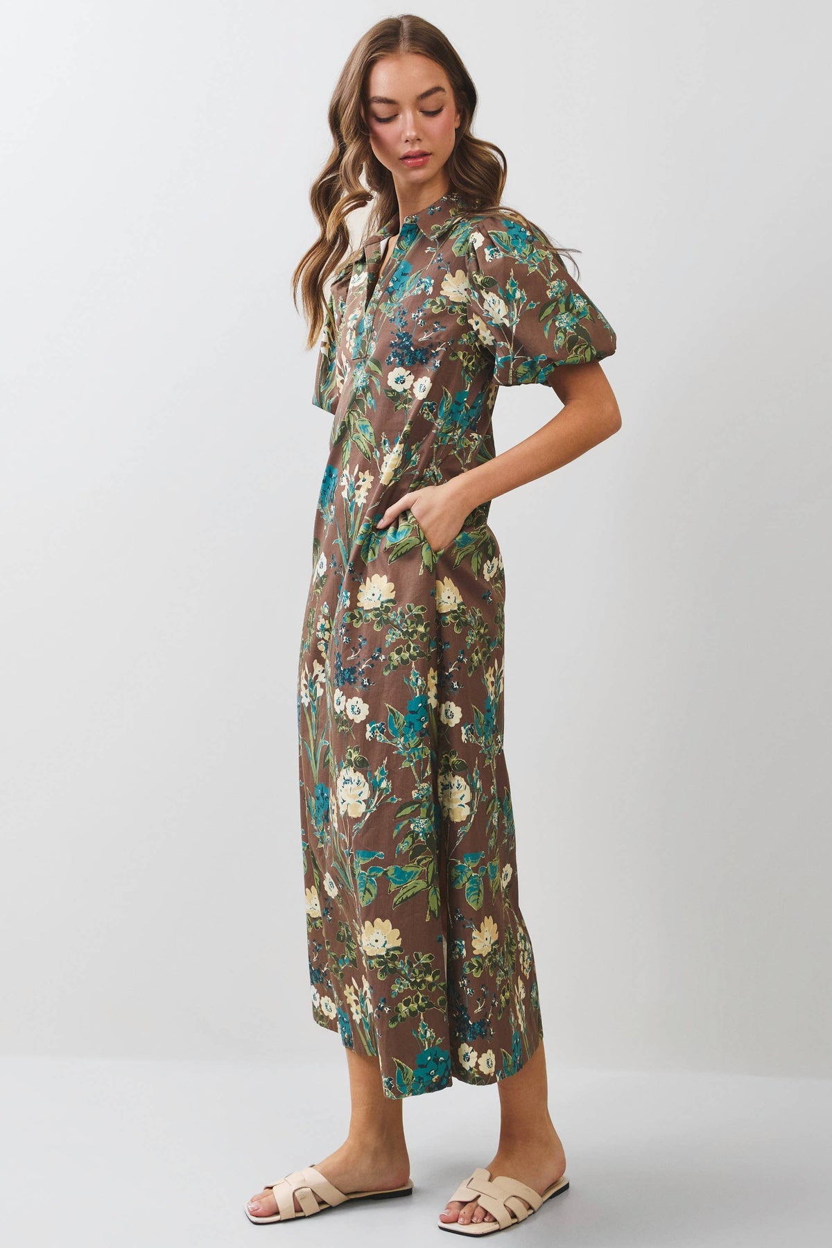 Floral Puff Sleeve Collared Midi Dress - Salt & Creek