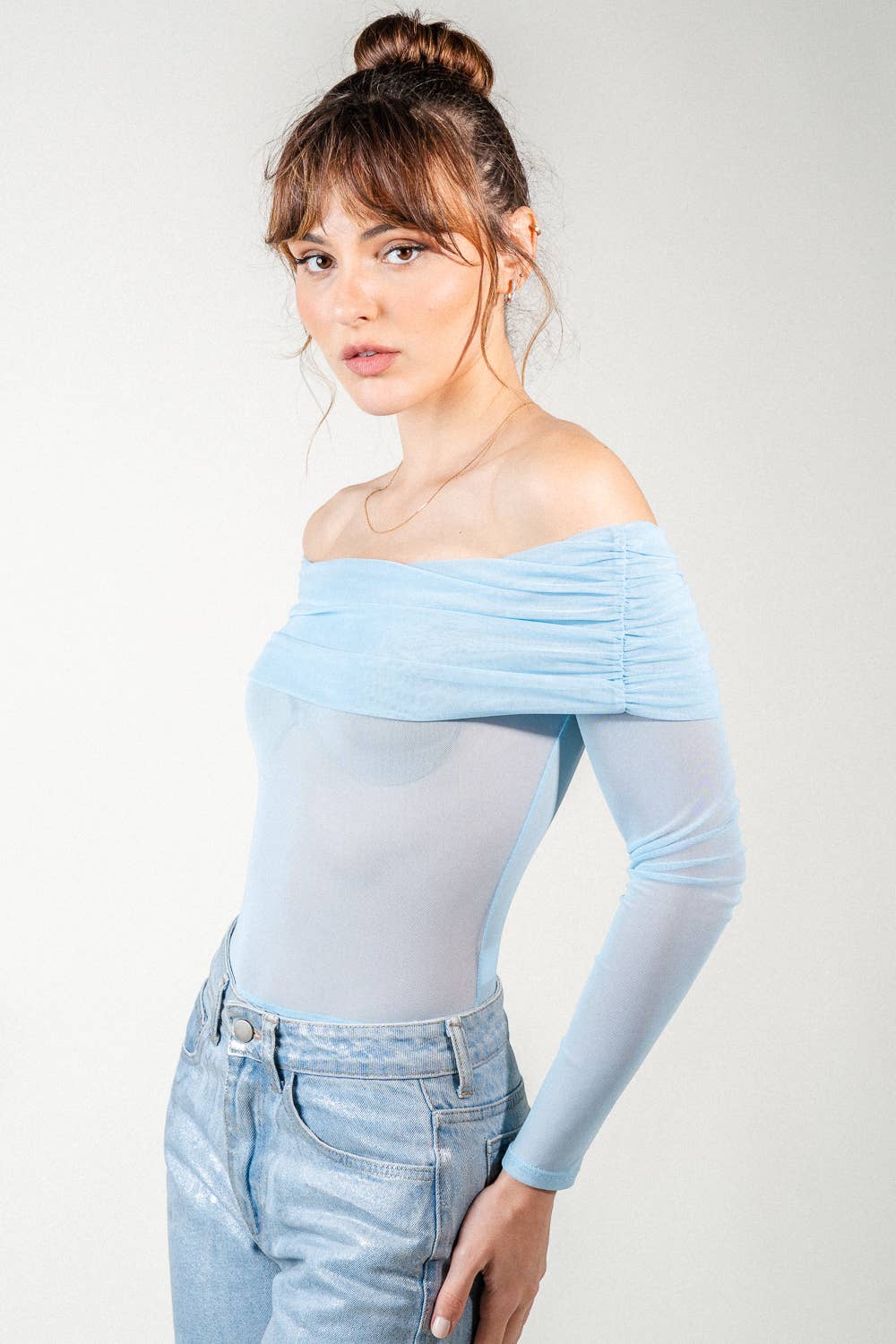 RUCHED OFF SHOULDER LONG SLV MESH BODYSUIT- PD6466FO - Salt & Creek