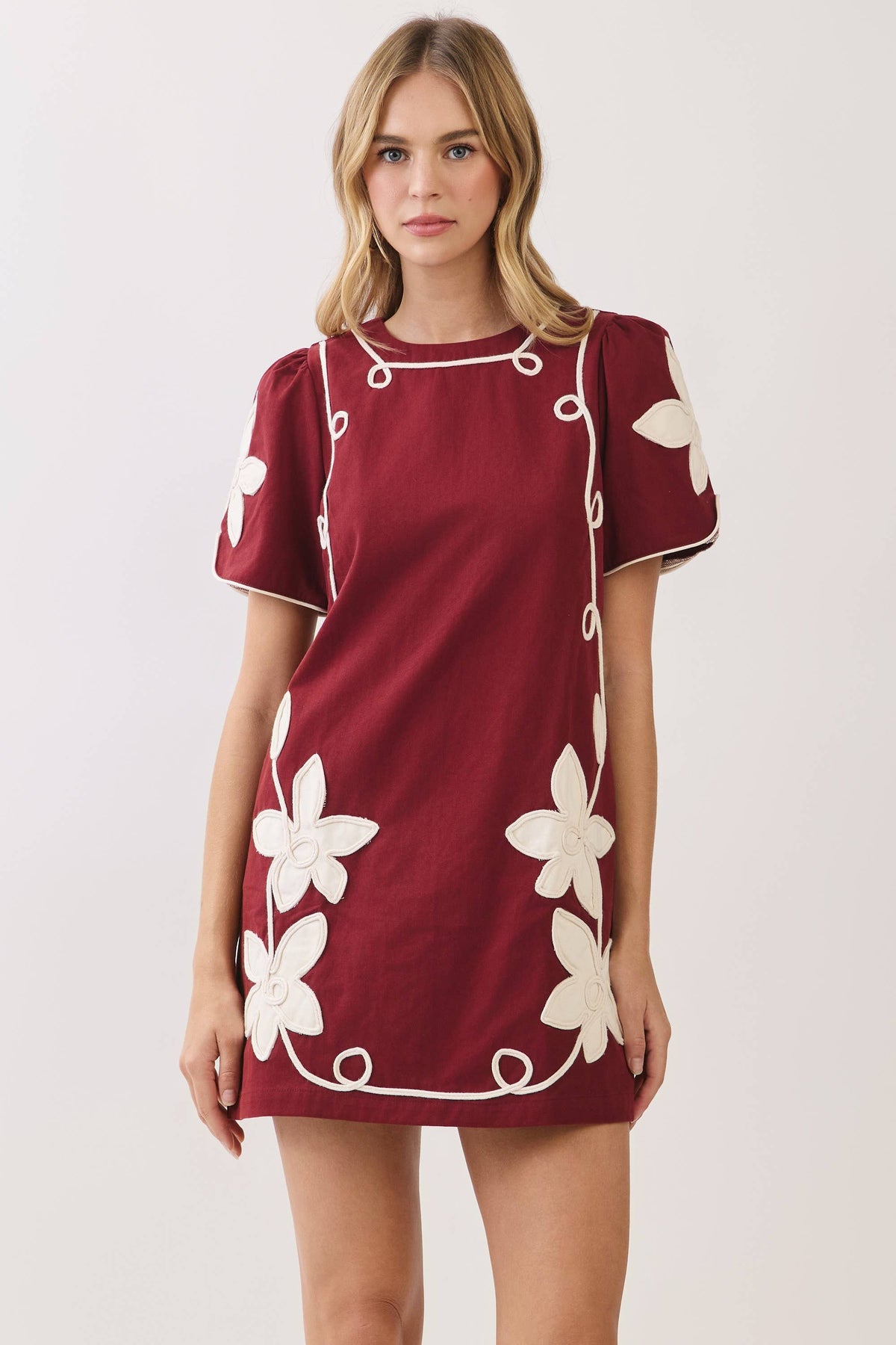 Floral Appliqué Contrast Trim Mini Dress - Salt & Creek