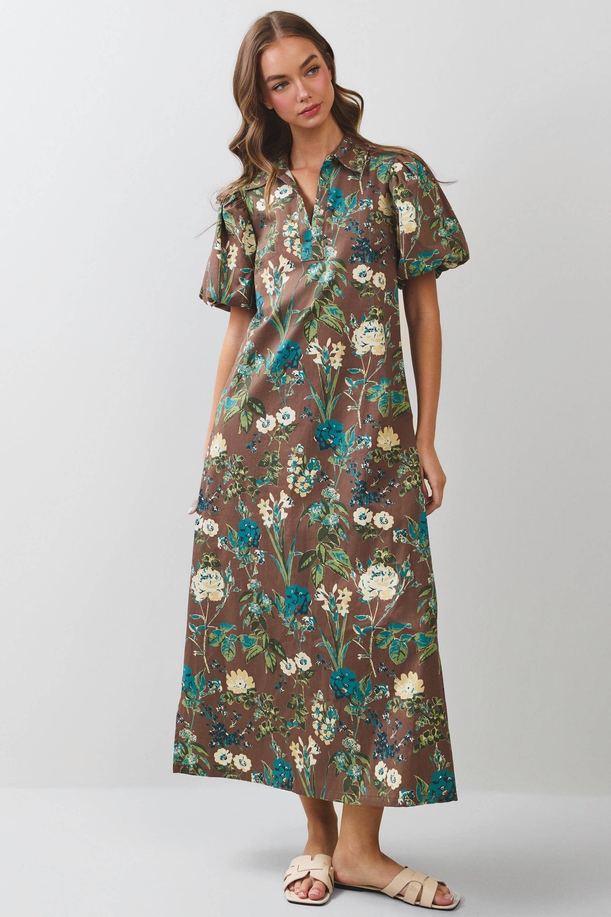 Floral Puff Sleeve Collared Midi Dress - Salt & Creek