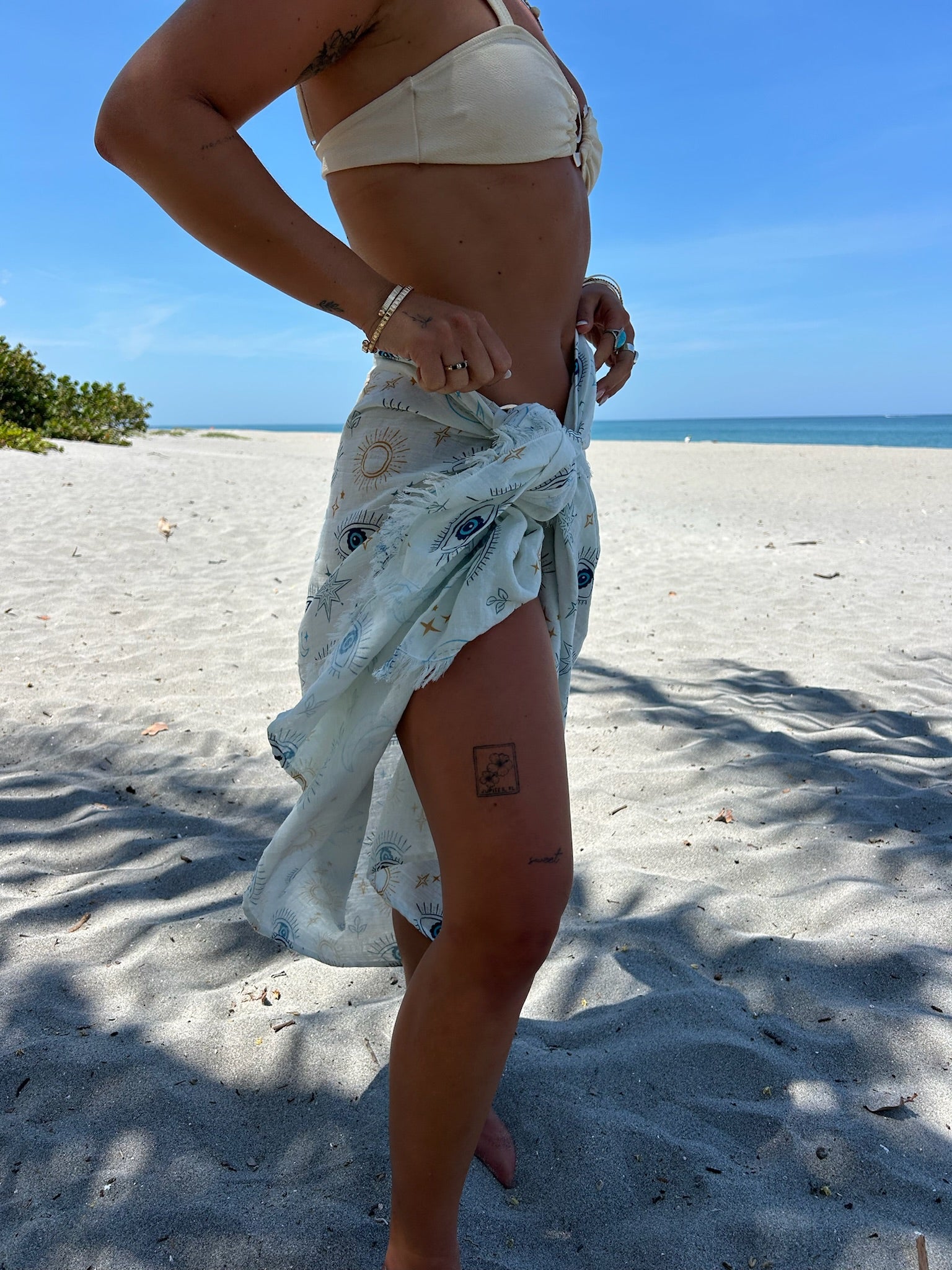 Evil Eye White Self Fringe Sarong
