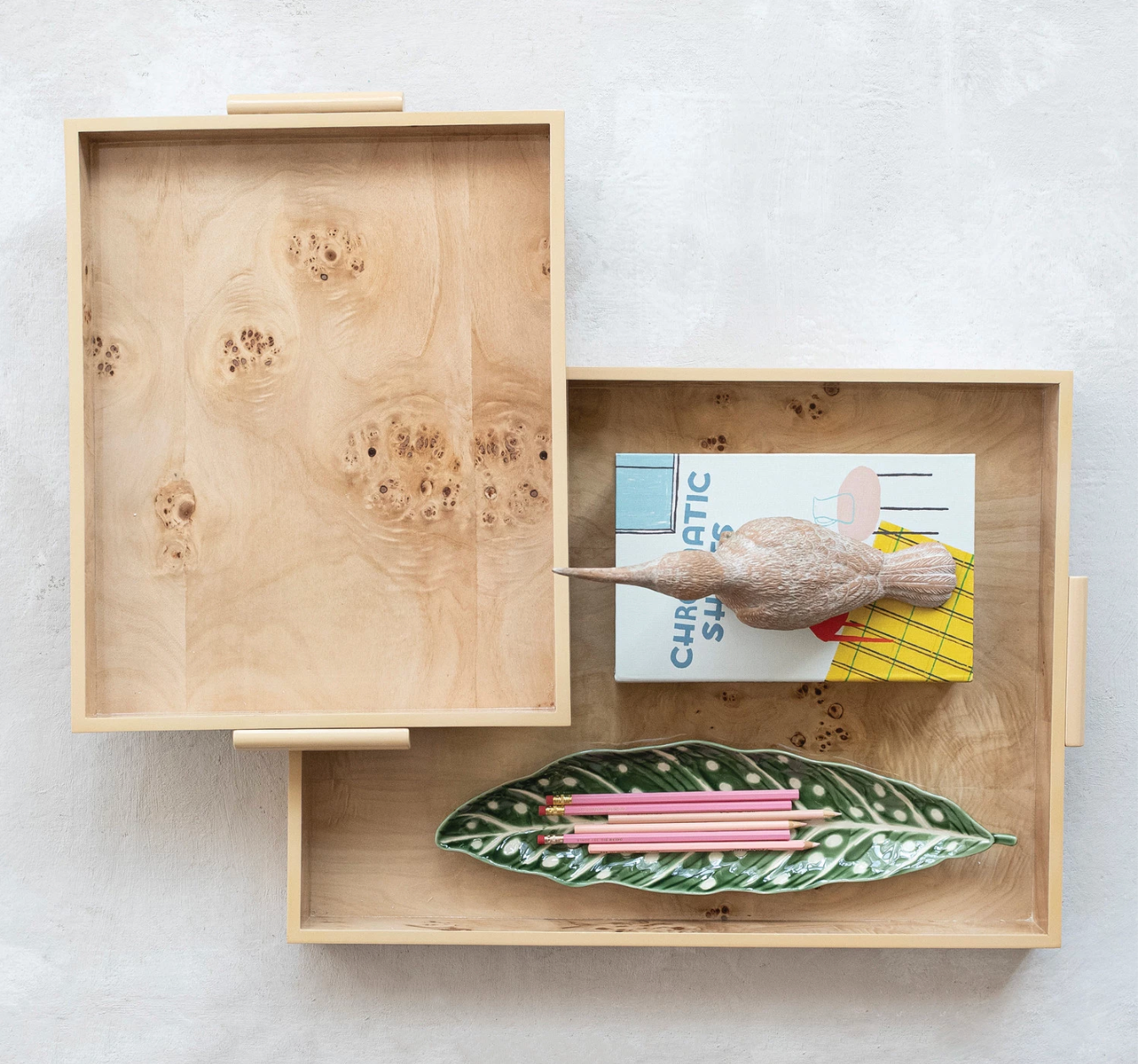 MDF & Burl Wood Veneer Trays with Handles, Natural - Salt & Creek