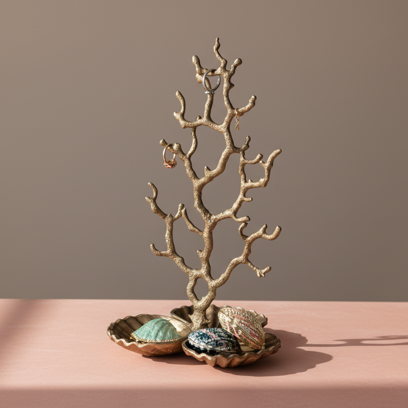 Metal Coral Shaped Jewelry Holder with Shell Shaped Base & 3 Sections, Antique Brass Finish - Salt & Creek