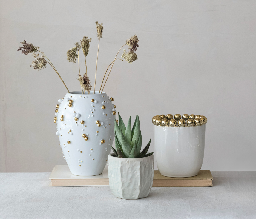 Stoneware Planter/Vase with Gold Electroplated Ball Rim (Holds 5" Pot) - Salt & Creek