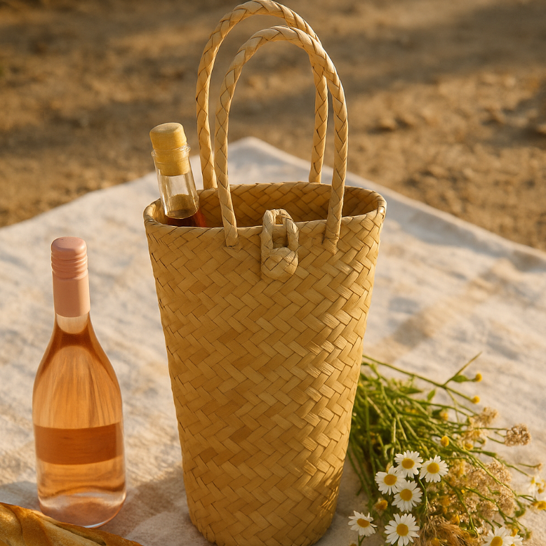 Woven basket with a bottle of wine, bread, and flowers on a checkered blanket outdoors.
