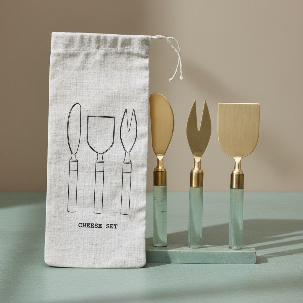 Stainless Steel Cheese Utensils w/ Resin Handles, Set of 3 in Printed Drawstring Bag - Salt & Creek