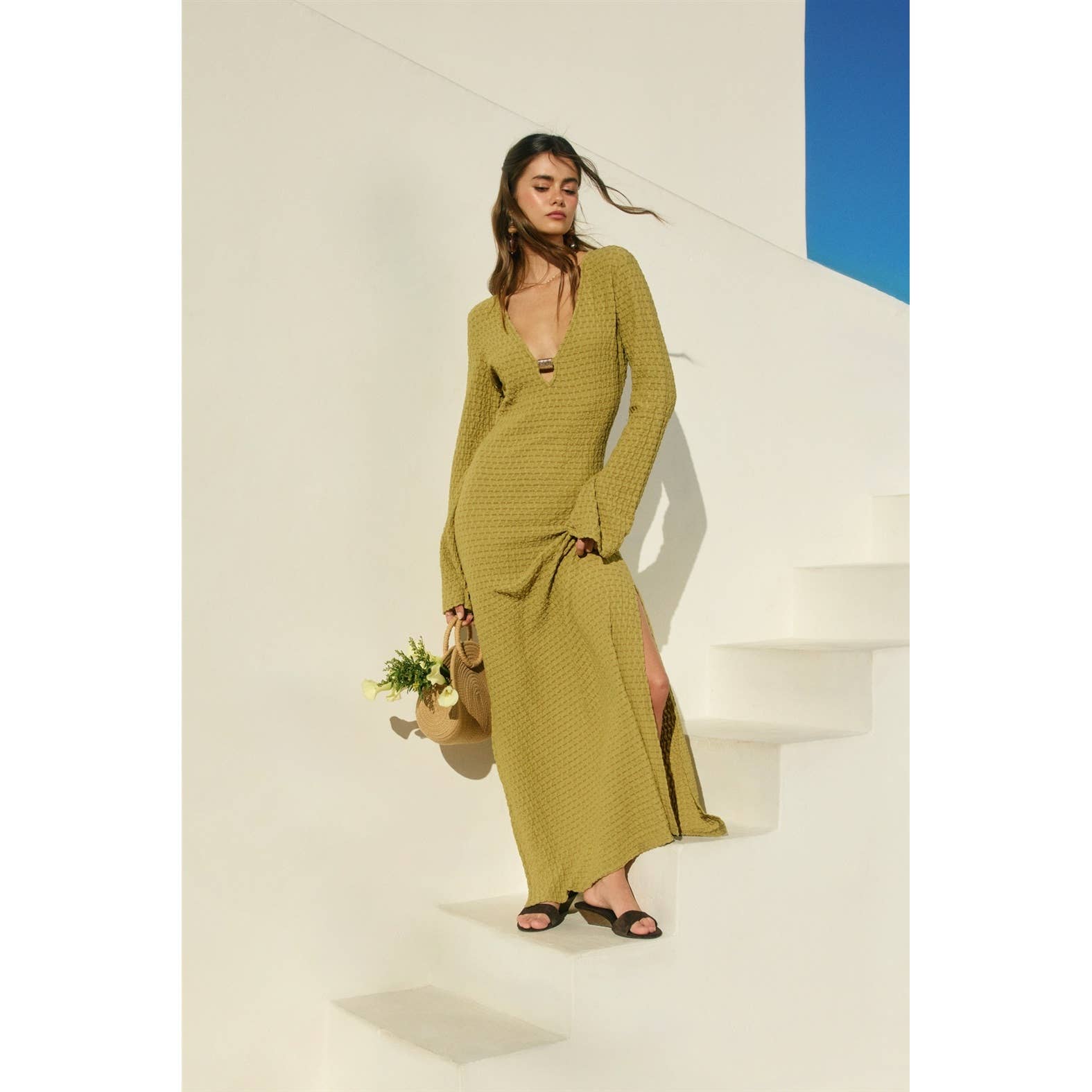 Ecru Escape Gold Trim Bell Sleeve Maxi Dress - Salt & Creek