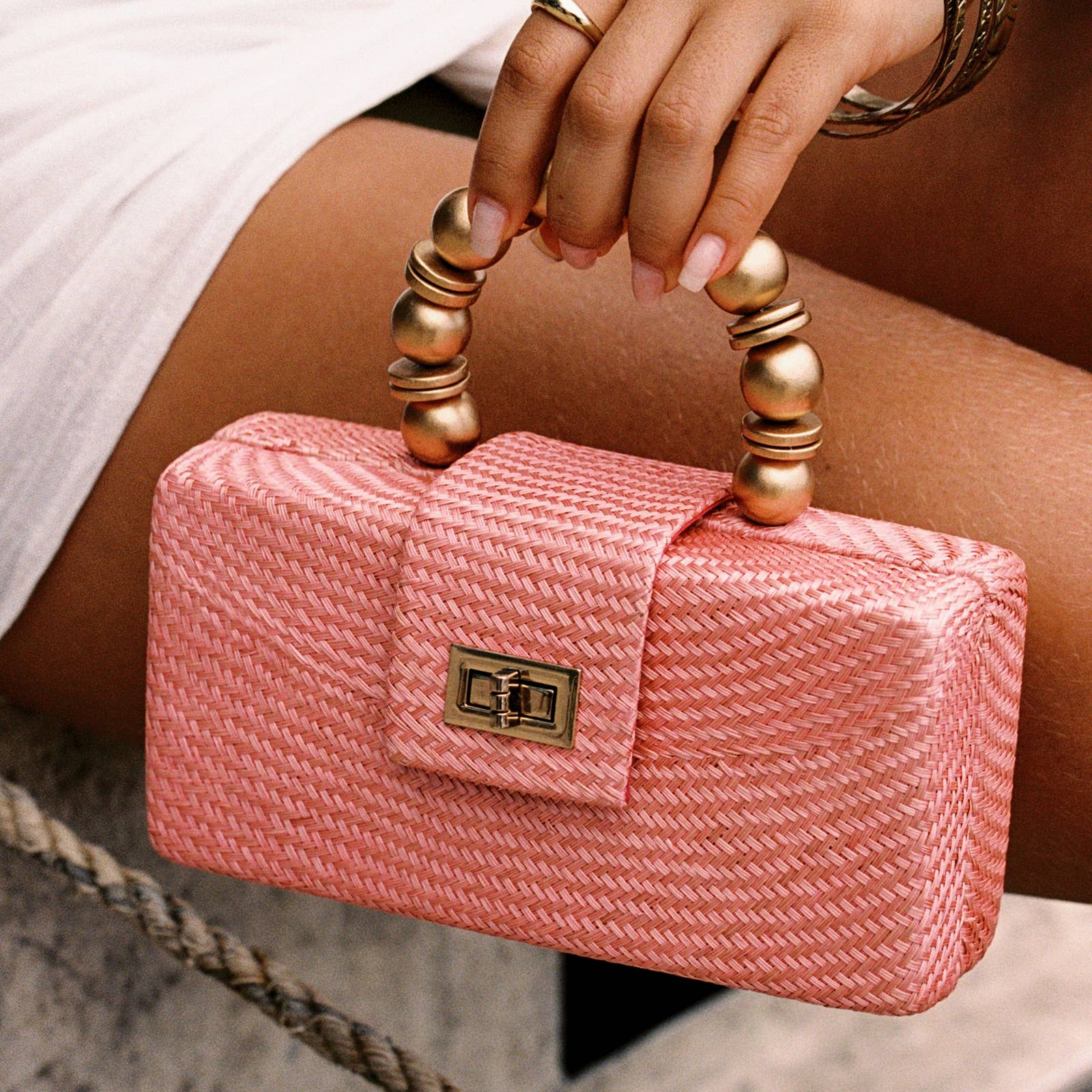 Soft Pink Statement Clutch | Buntal Straw with Bead Handle - Salt & Creek