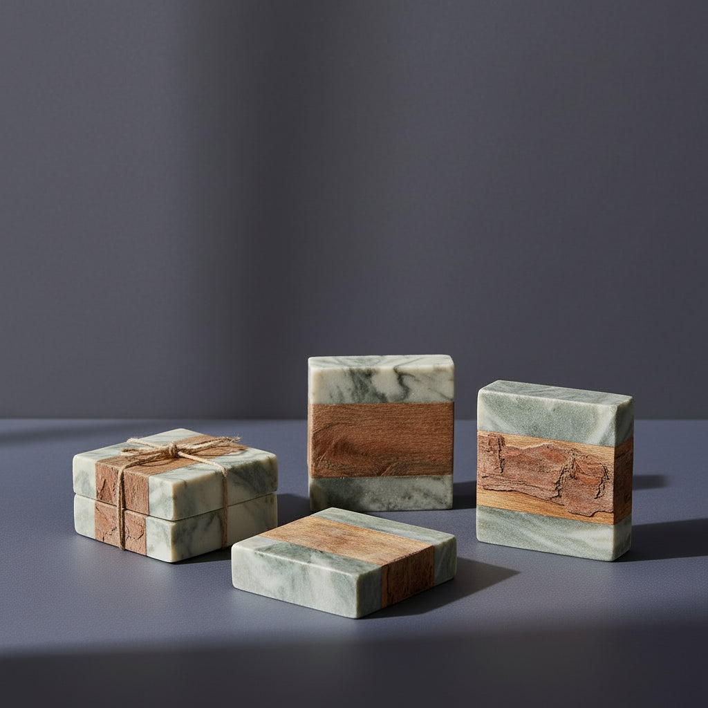 Marble & Wood Coasters, Set of 4 Tied with Jute (Each One Will Vary)