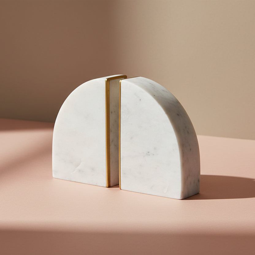 Marble Bookends with Brass Inlay, Gold Finish & White, Set of 2