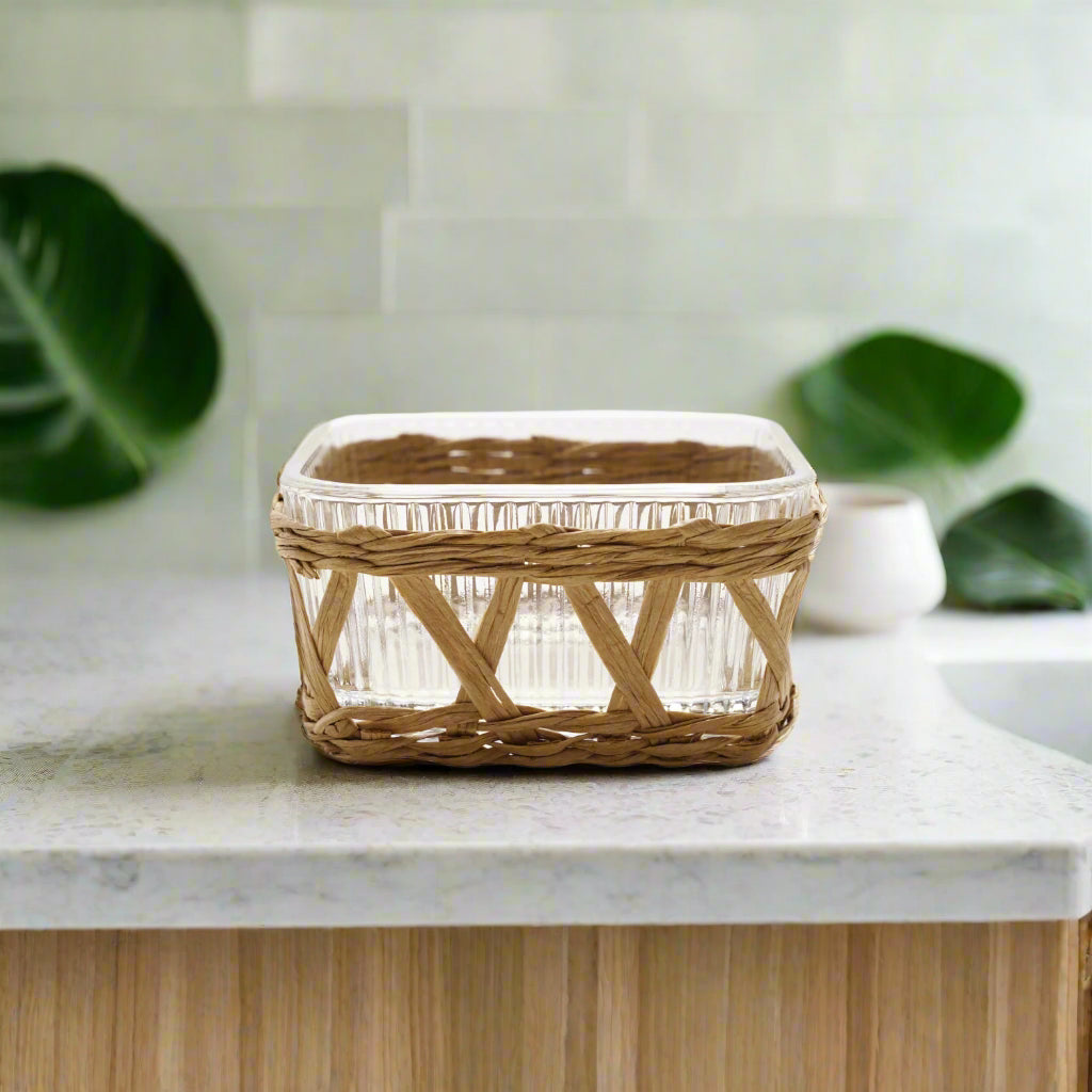 Glass Dish with Woven Grass Sleeve, Natural