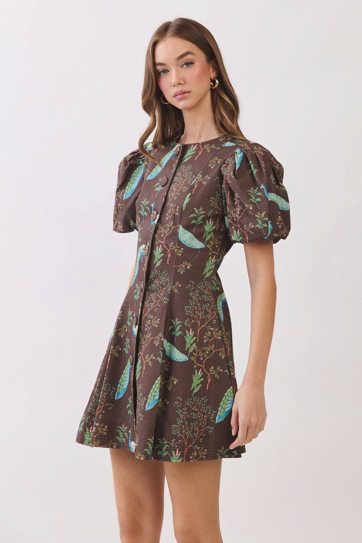 Peacock Print Puff Sleeve Button Down Mini Dress - Salt & Creek