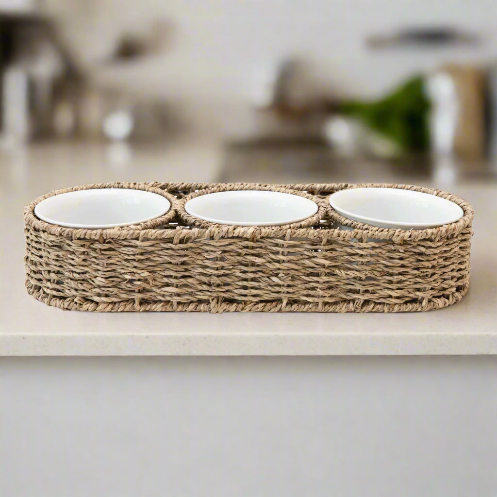 Hand-Woven Basket with Ceramic Bowls, Set of 4