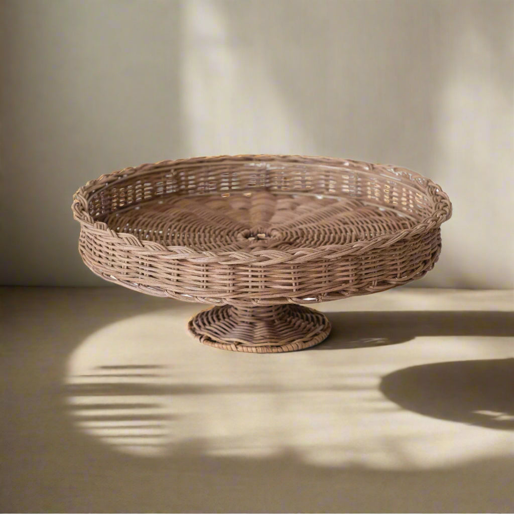 Decorative Hand-Woven Rattan Pedestal with Braided Rim, Natural
