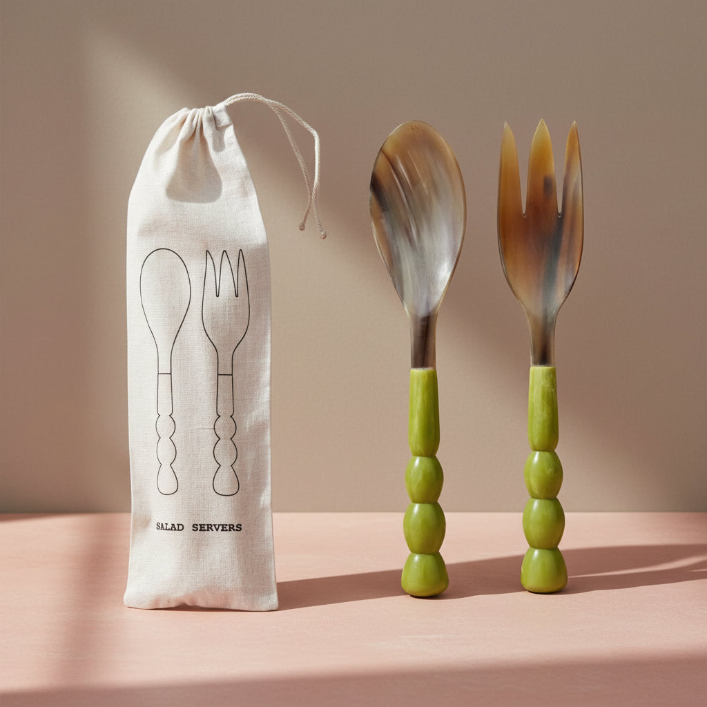 Natural Horn Salad Servers w/ Marbled Resin Handles, Set of 2 in Bag (Each One Will Vary)