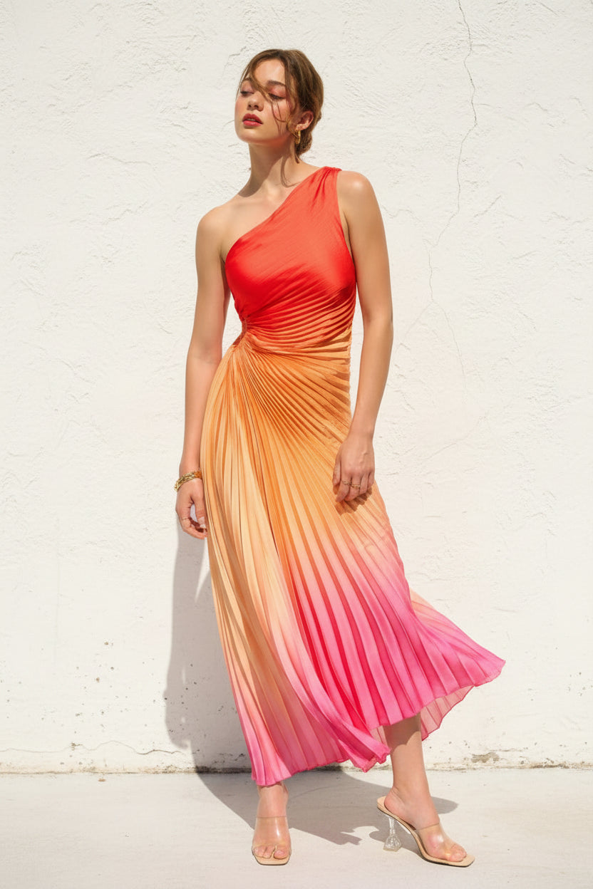 ombre pleated maxi dress Radiance Asymmetrical HIBISCUS COSMO / M Size:7 years (122 cm) FLASHWK33 have addition to your Red Lace Mesh &