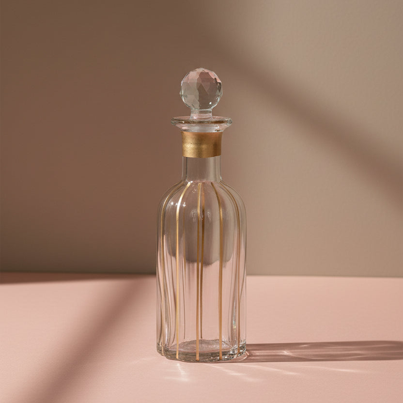 14 oz. Blown Glass Fluted Decanter w/ Hand-Painted Gold Finish Stripes & Stopper