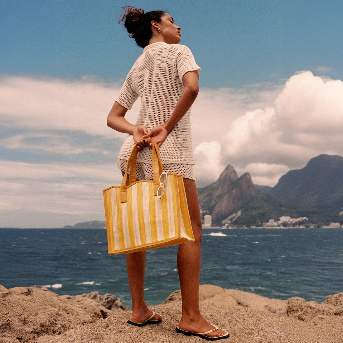 Large Yellow &amp; Cream Striped Shopping Tote | Scalloped Edge - Salt &amp; Creek