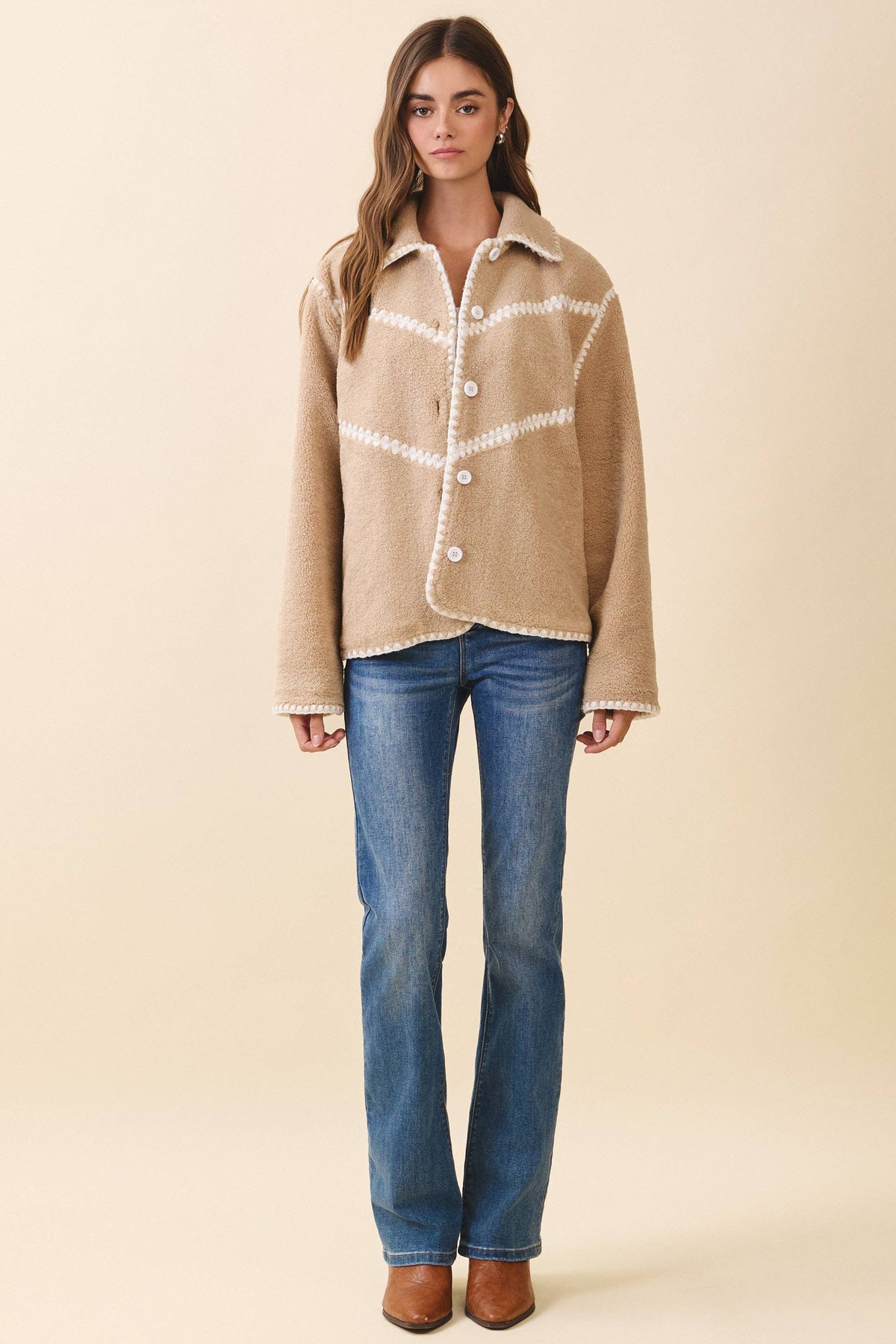 Contrast Whipstitch Detail Sherpa Cozy Jacket - Salt &amp; Creek