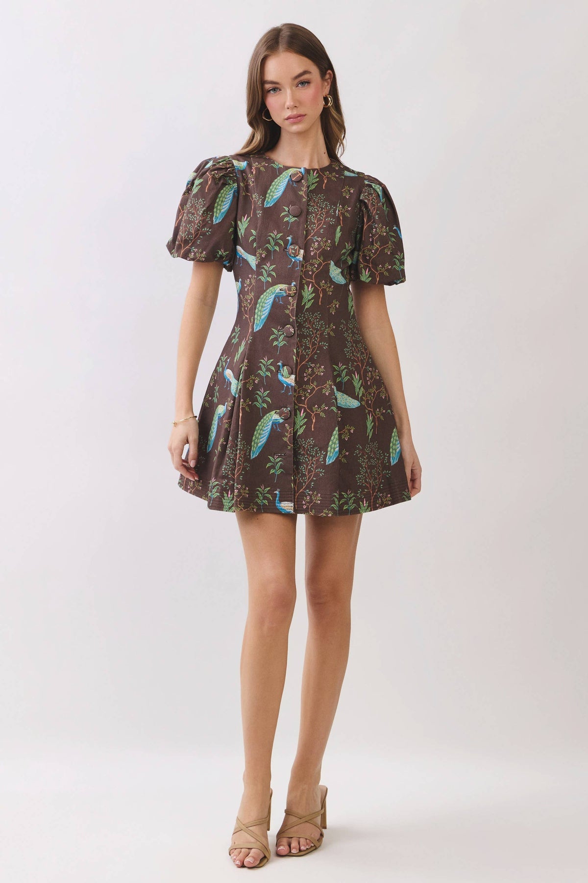 Peacock Print Puff Sleeve Button Down Mini Dress - Salt &amp; Creek