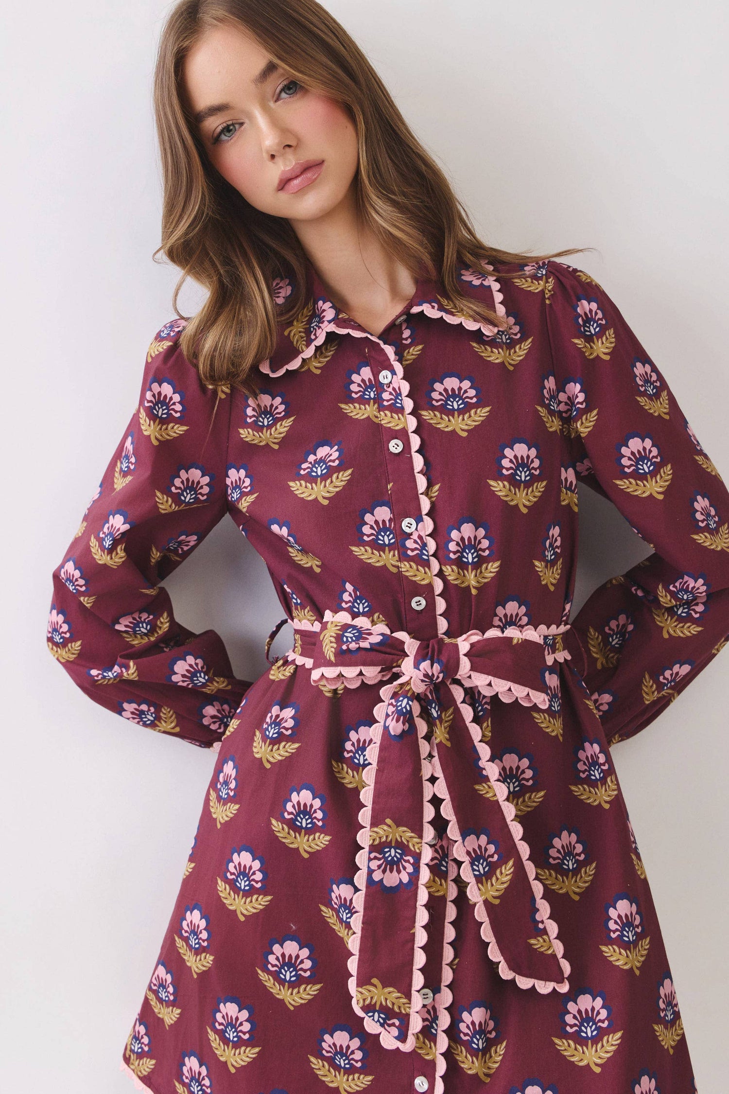 Scallop Trim Detail Printed Shirt Mini Dress - Salt &amp; Creek