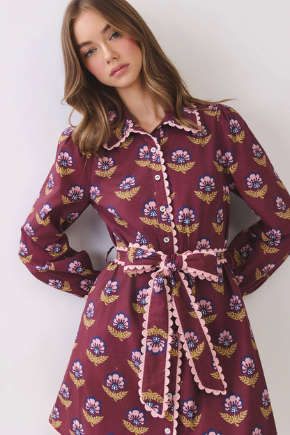 Scallop Trim Detail Printed Shirt Mini Dress - Salt &amp; Creek