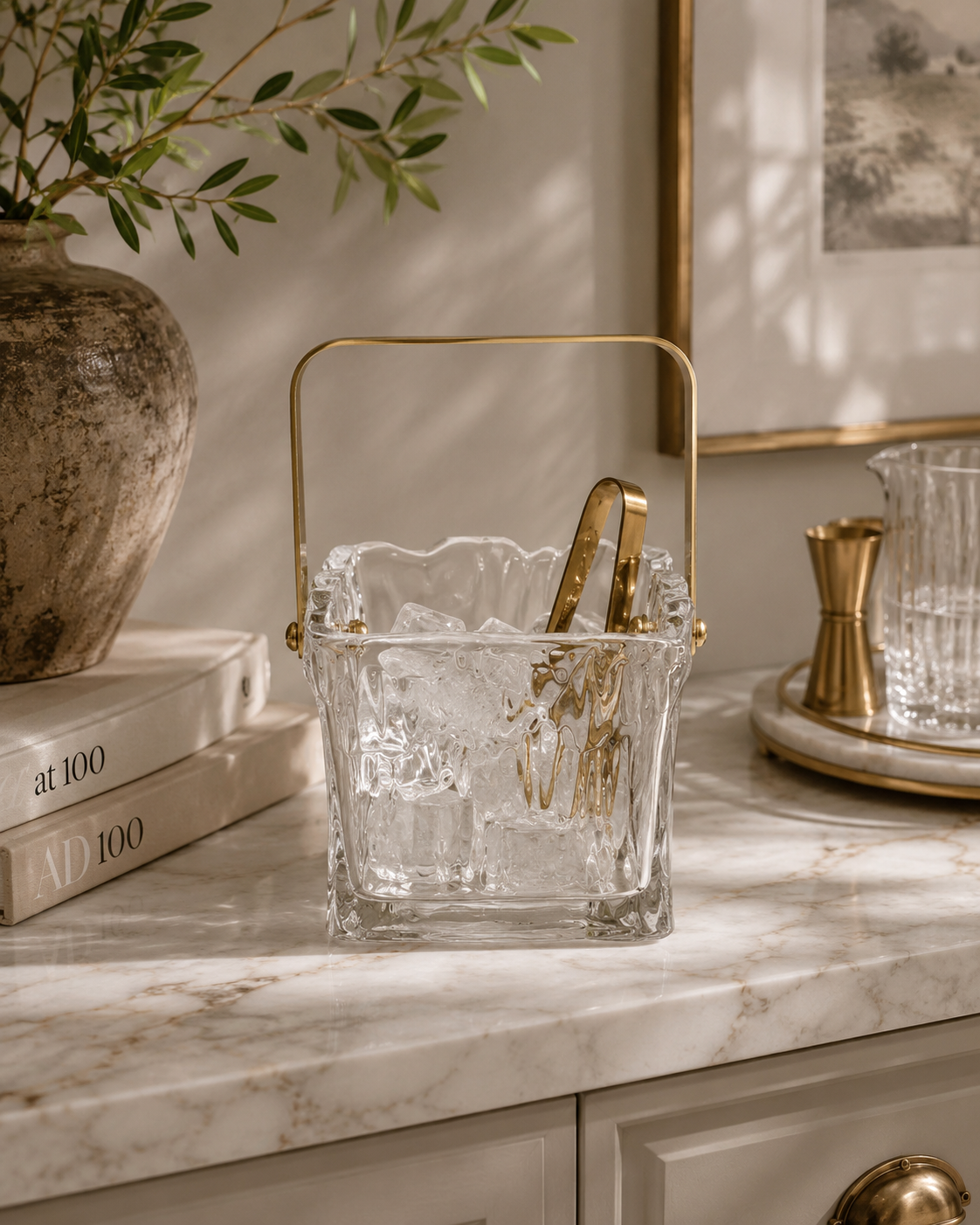 24 oz. Textured Glass Ice Bucket with Tongs