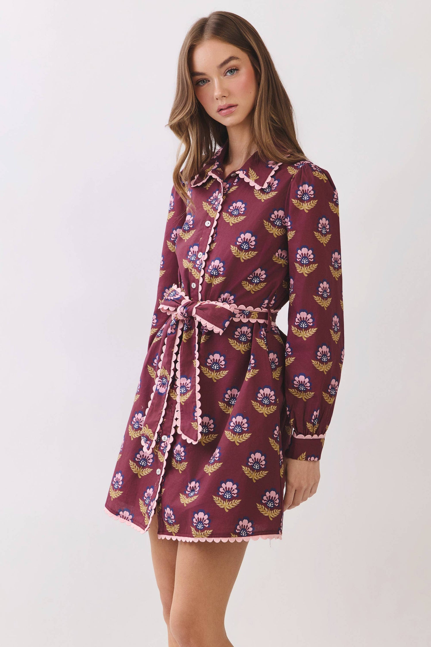 Scallop Trim Detail Printed Shirt Mini Dress - Salt &amp; Creek