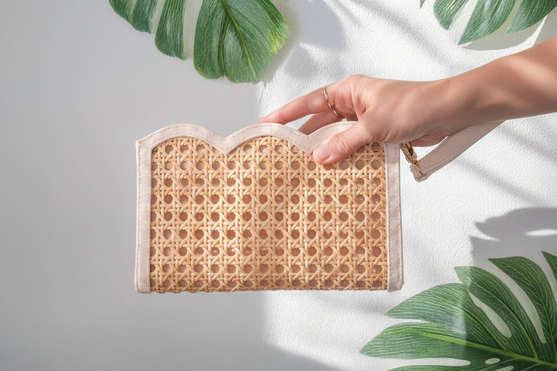 Woven Rattan &amp; Leather Scallop Edge Wristlet Pouch | Summer - Salt &amp; Creek