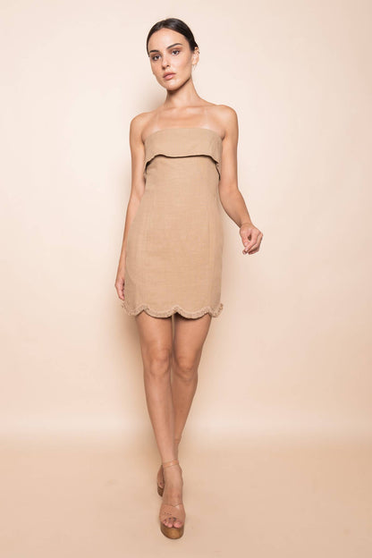 STRAPLESS SCALLOP FRINGE TRIM MINI DRESS-DI11205FO - Salt &amp; Creek
