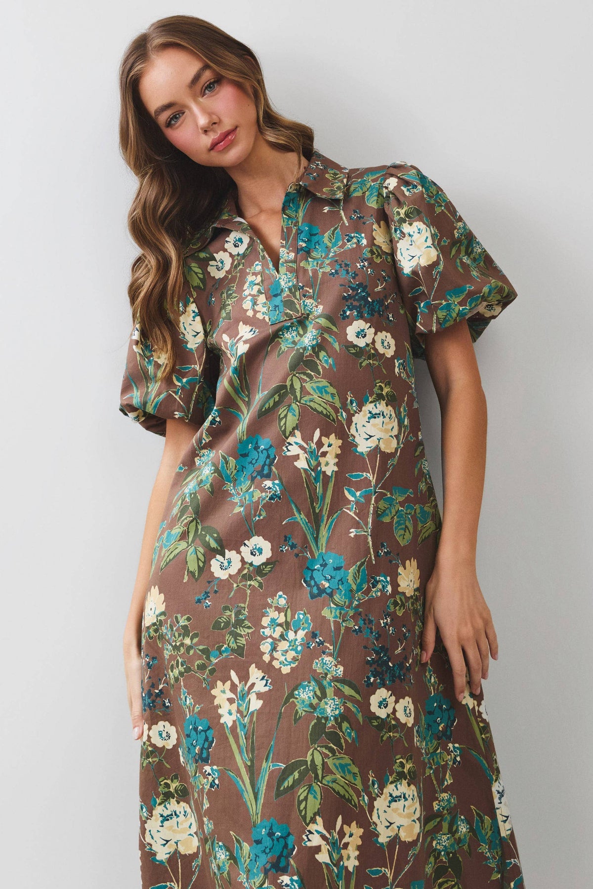 Floral Puff Sleeve Collared Midi Dress - Salt &amp; Creek