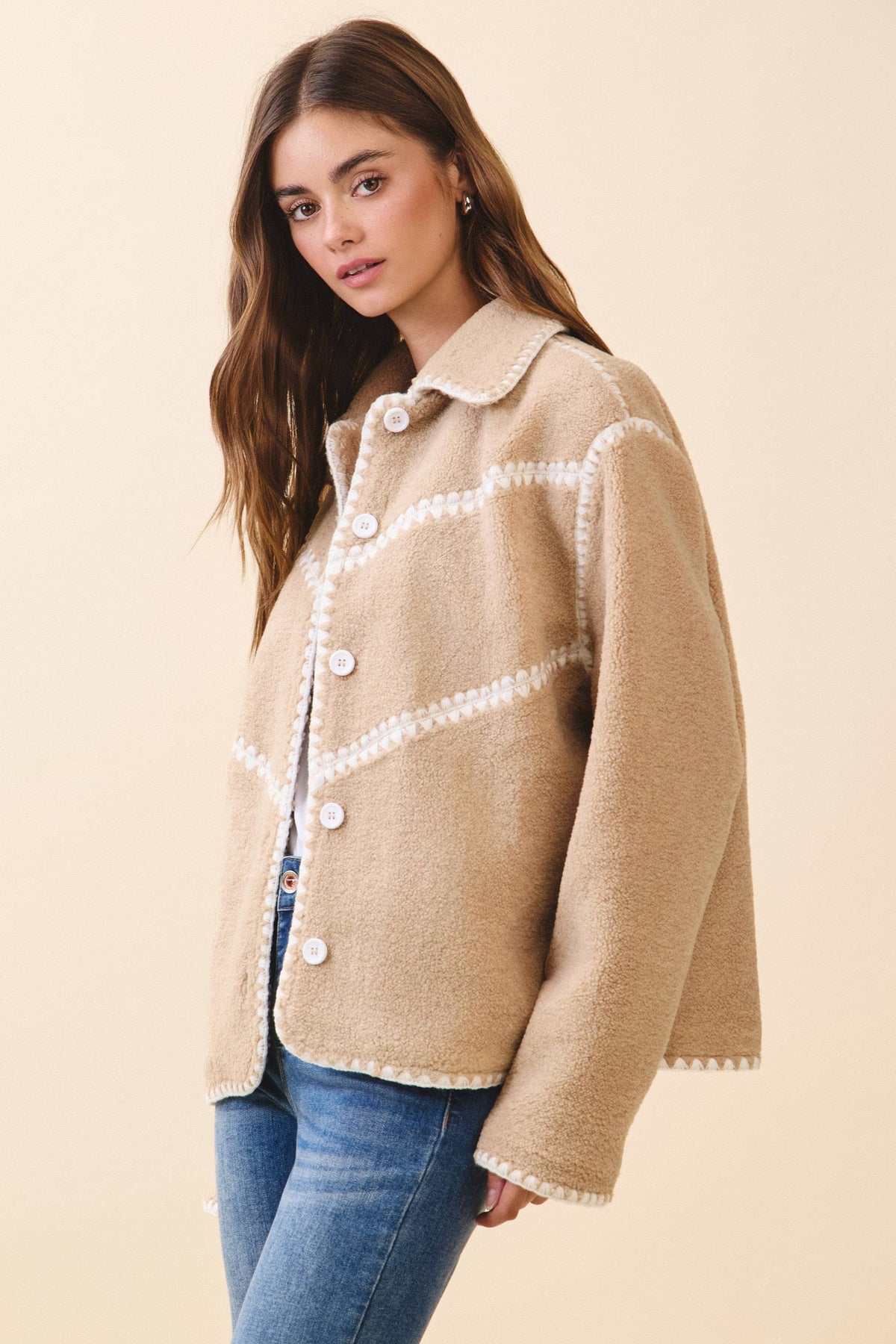 Contrast Whipstitch Detail Sherpa Cozy Jacket - Salt &amp; Creek
