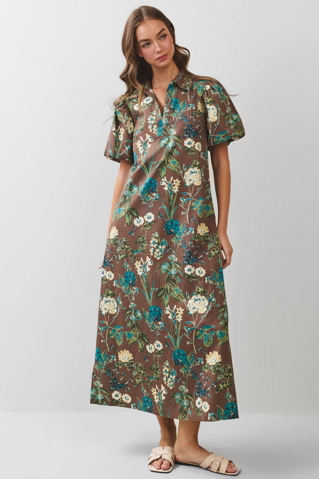 Floral Puff Sleeve Collared Midi Dress - Salt &amp; Creek