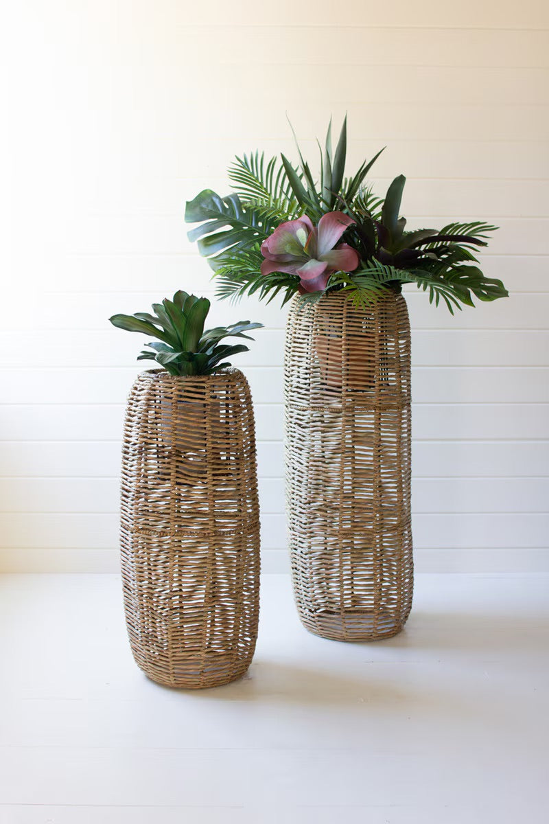 Woven Seagrass Barrel Planters, Set of 2