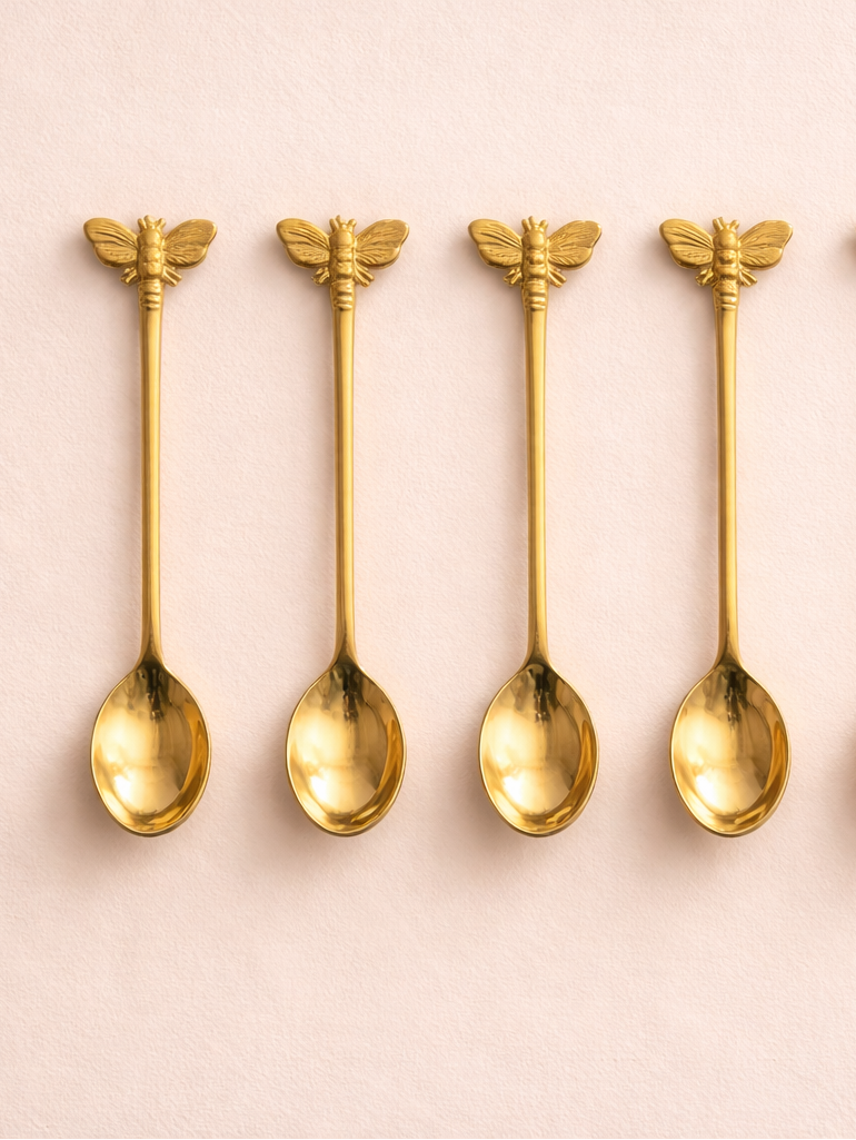 Four gold bee-shaped spoons on a pink background