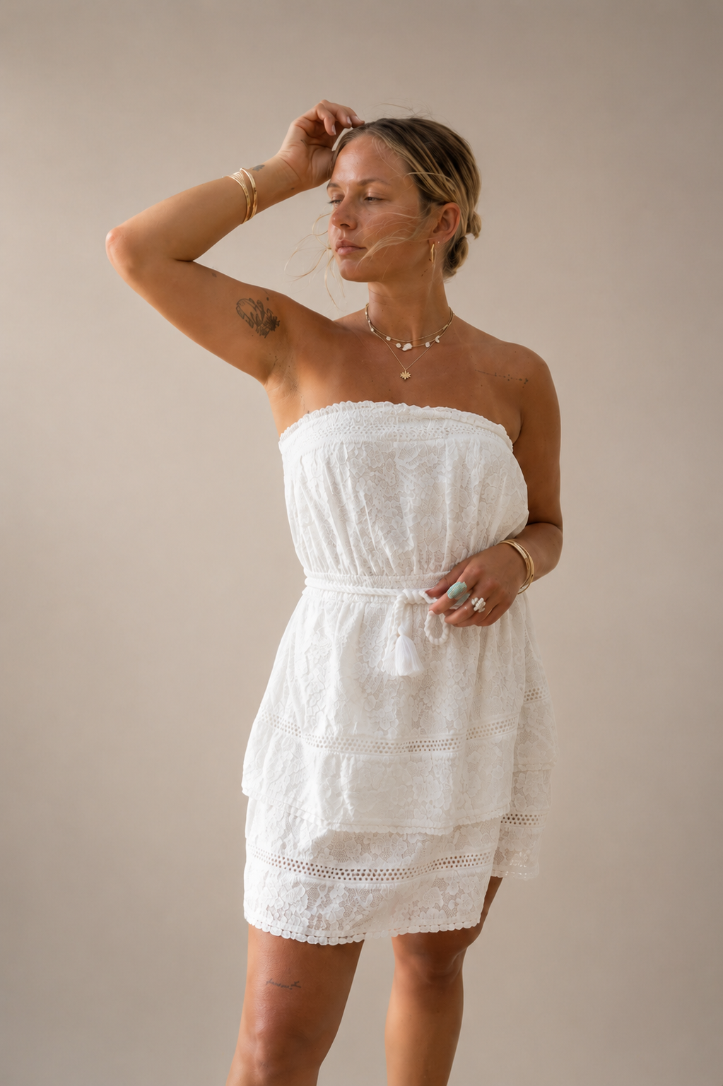 Elizabeth White Floral Crochet Short Dress