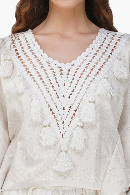 Golden Pearl Tassel Crochet Blouse