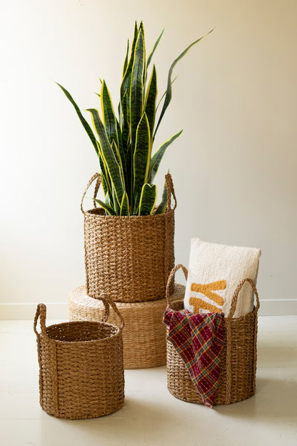 Round Braided Seagrass Storage Basket with Handles