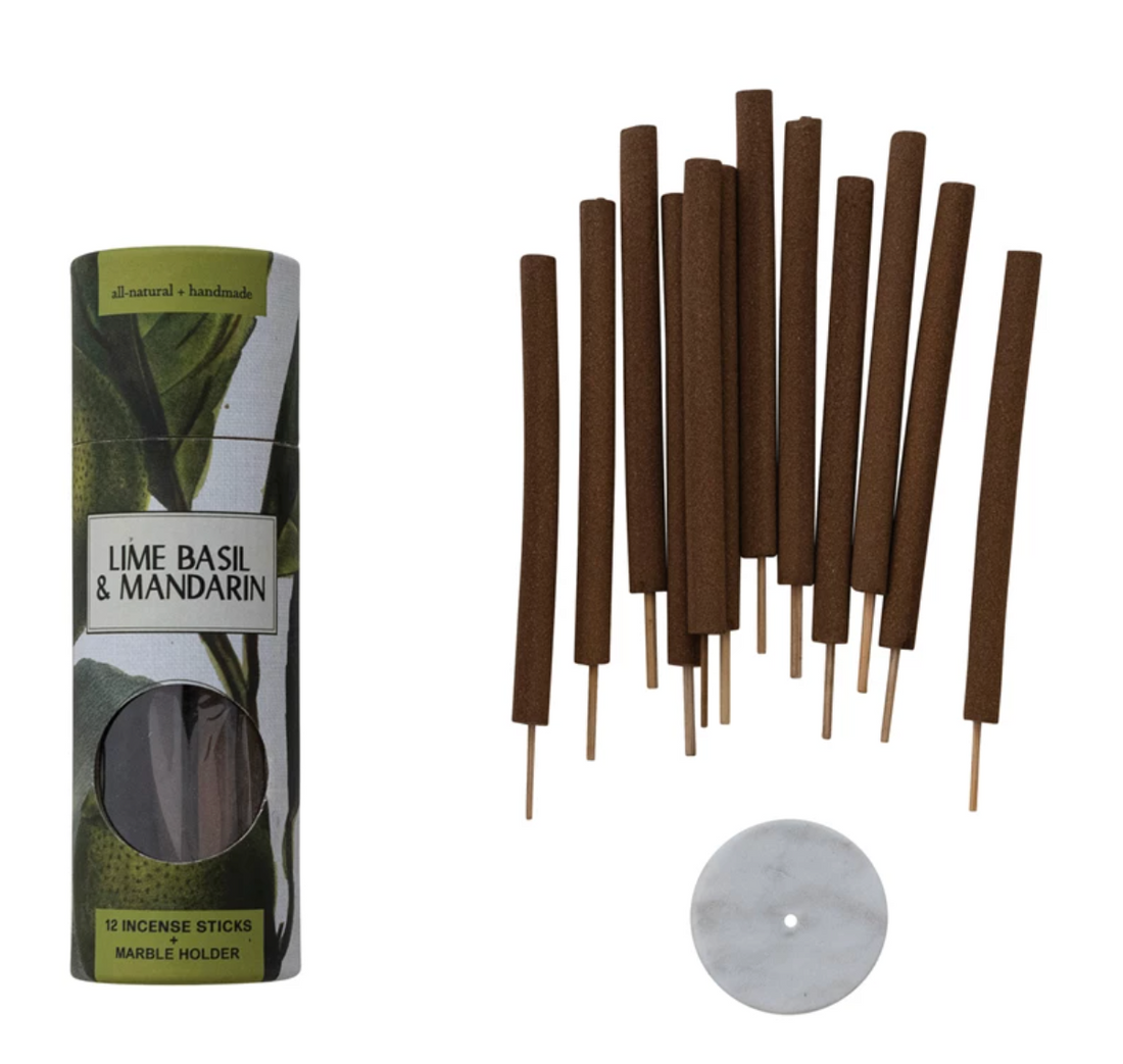 12 Piece Lime Basil &amp; Mandarin Scented Incense Sticks with Holder, Set of 13 - Salt &amp; Creek