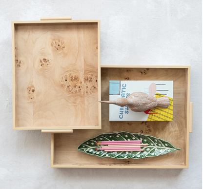 MDF &amp; Burl Wood Veneer Trays with Handles, Natural - Salt &amp; Creek