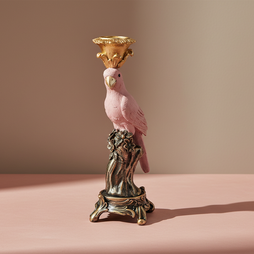 Resin Taper Holder with Parrot on Branch, Antique Gold Finish &amp; Pink - Salt &amp; Creek