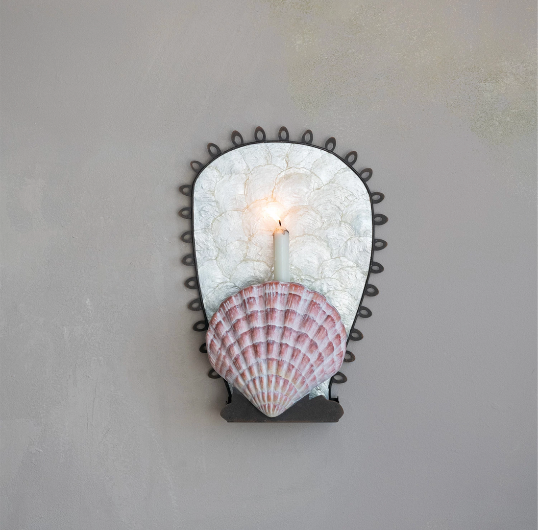 Metal Taper Holder Wall Sconce with Resin Shell (Hangs or Sits) - Salt &amp; Creek