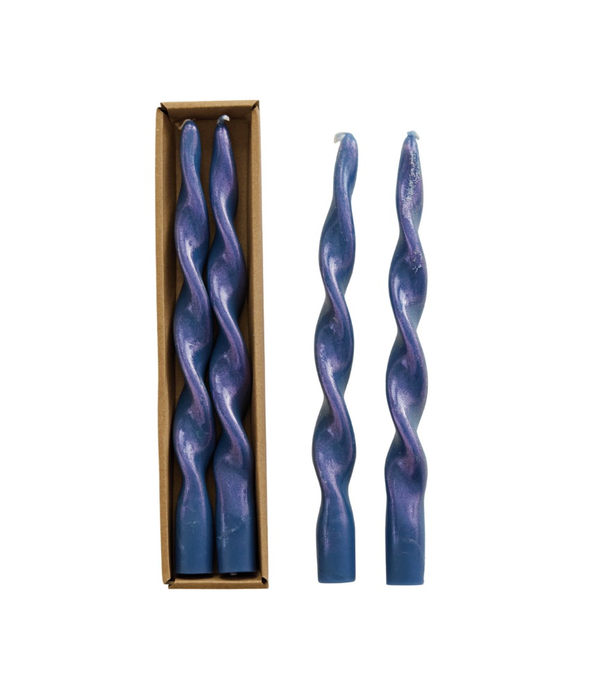 Blue Iridescent Twisted Taper Candles Set of 2 – Unscented Dinner Candles - Salt &amp; Creek