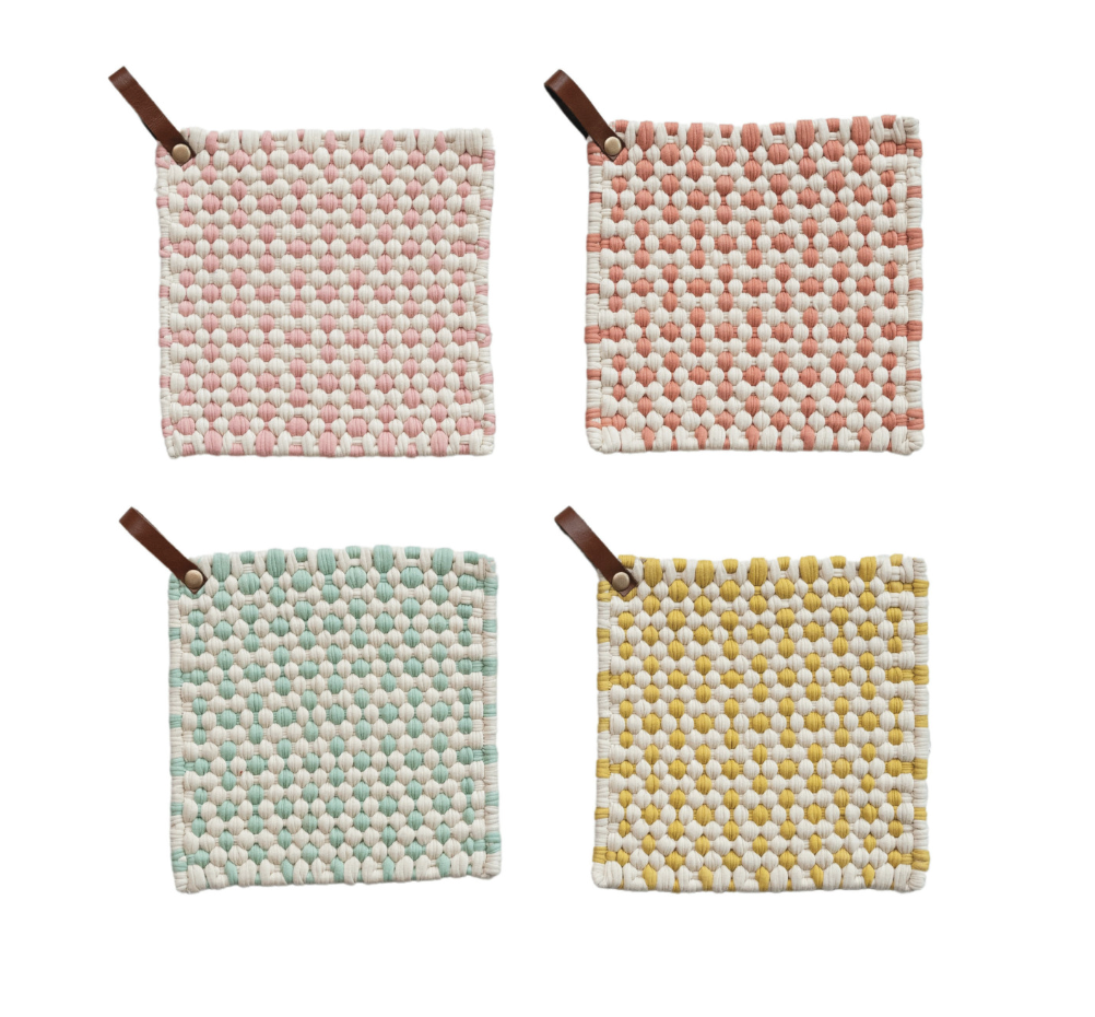 Cotton Crocheted Pot Holder w/ Leather Loop, 4 Styles - Salt &amp; Creek