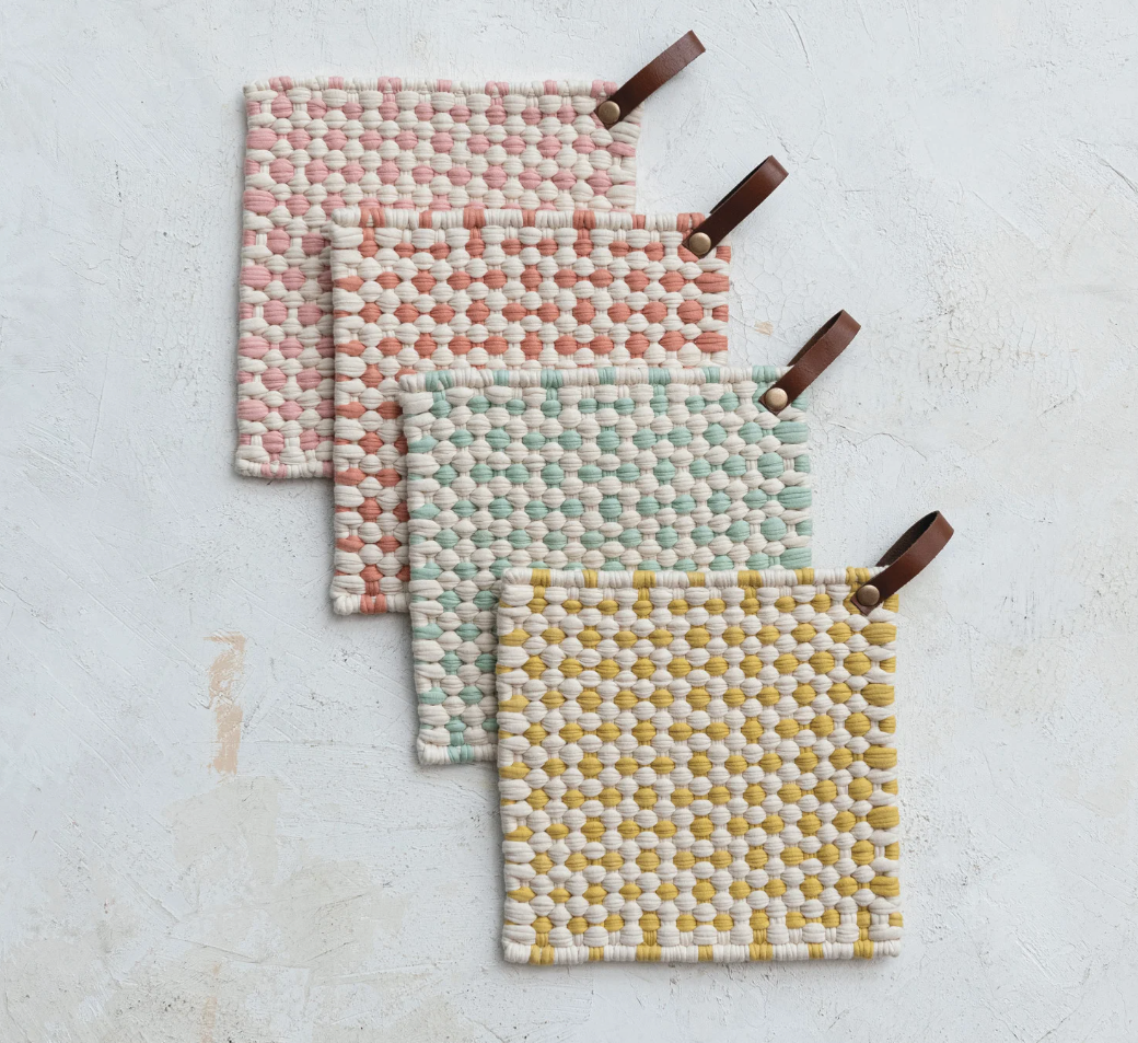 Cotton Crocheted Pot Holder w/ Leather Loop, 4 Styles - Salt &amp; Creek