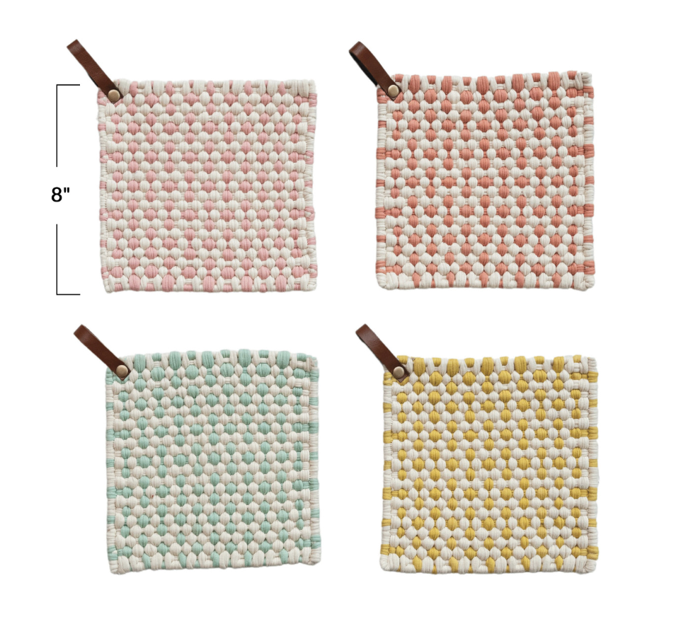 Cotton Crocheted Pot Holder w/ Leather Loop, 4 Styles - Salt &amp; Creek