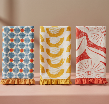 Cotton Printed Tea Towel w/ Pattern &amp; Ruffle, 3 Styles - Salt &amp; Creek