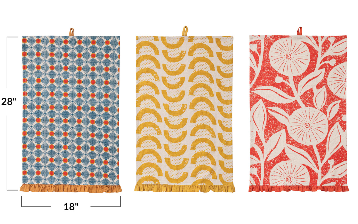 Cotton Printed Tea Towel w/ Pattern &amp; Ruffle, 3 Styles - Salt &amp; Creek
