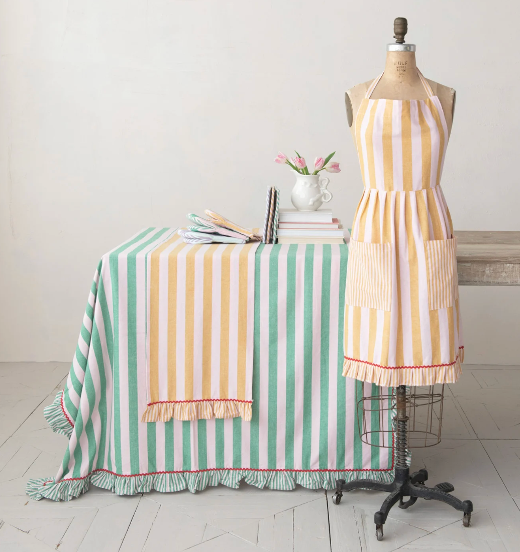 Woven Cotton Striped Table Runner w/ Ruffle &amp; Ric Rac Trim - Salt &amp; Creek